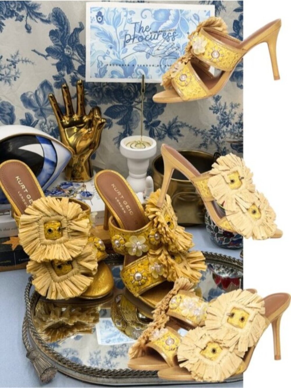 🆕 KURT GEIGER LONDON 🧿 NWOB Raffia Buckle Heel 85MM, Yellow - Sz 37 US 7